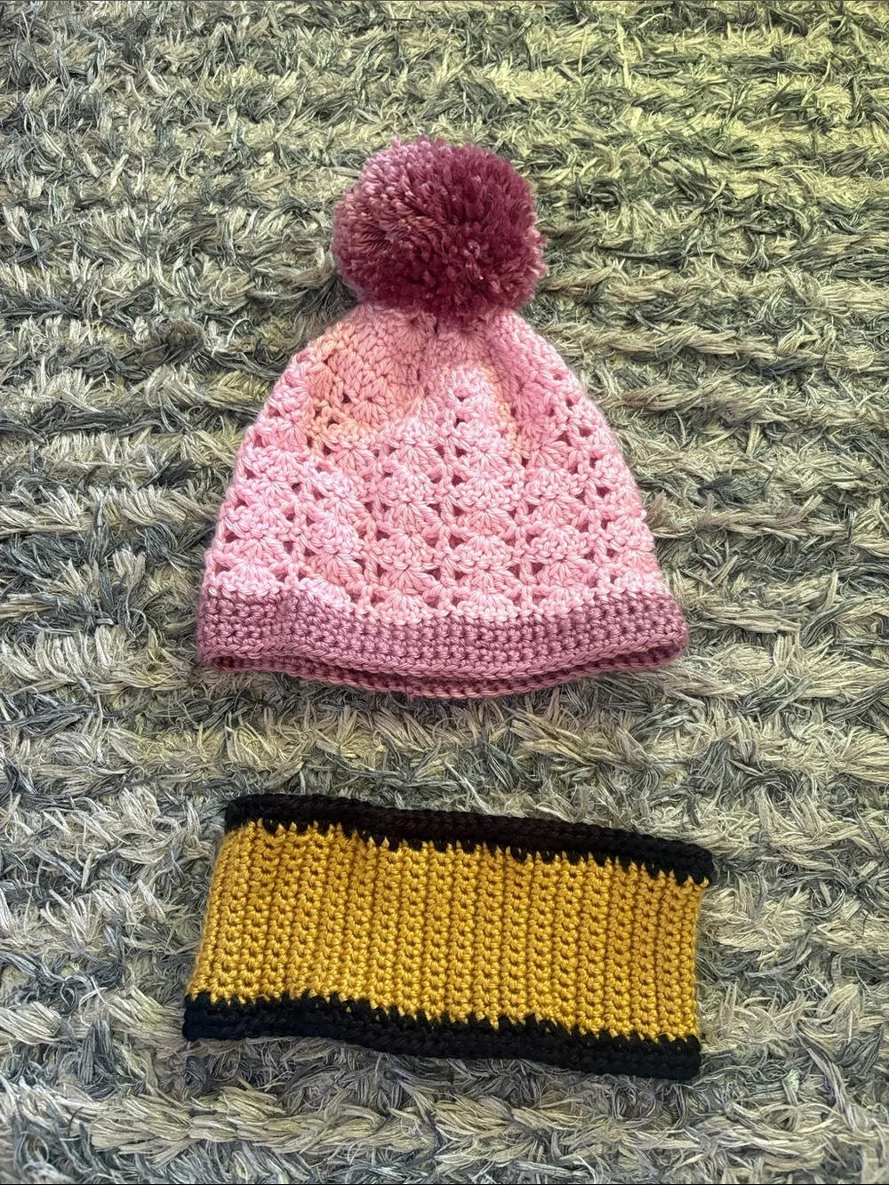 New ! Handmade Pink Crochet Beanie with Pom Pom + Headband
